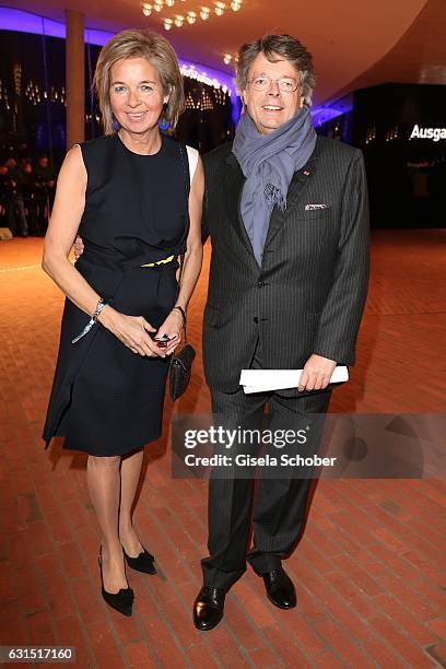 Peter Schwenkow and his wife Inga Griese-Schwenkow during the opening concert of the Elbphilharmonie concert hall on January 11, 2017 in Hamburg,...