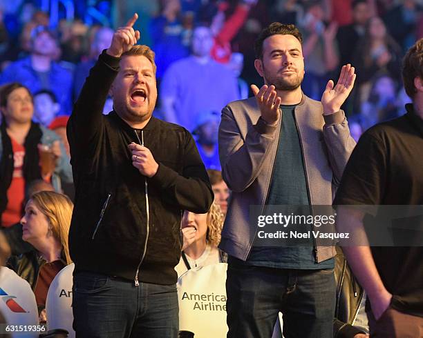 James Corden and Ben Winston attend a basketball game between the Orlando Magic and Los Angeles Clippers at Staples Center on January 11, 2017 in Los...