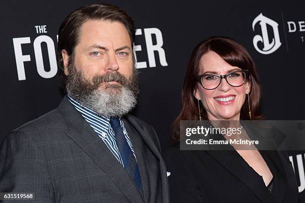 Actors Nick Offerman and Megan Mullally attend the premiere of the Weinstein Company's 'The Founder' at ArcLight Cinemas Cinerama Dome on January 11,...