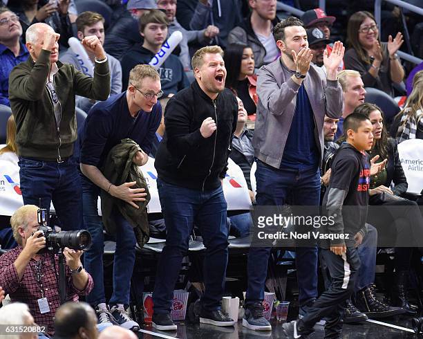 James Corden and Ben Winston attend a basketball game between the Orlando Magic and Los Angeles Clippers at Staples Center on January 11, 2017 in Los...