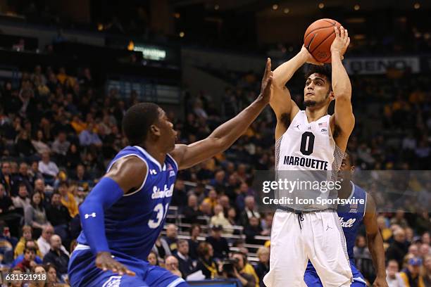 Marquette Golden Eagles guard Markus Howard takes a shot during an NCAA basketball game between the Marquette Golden Eagles and the Seton Hall...