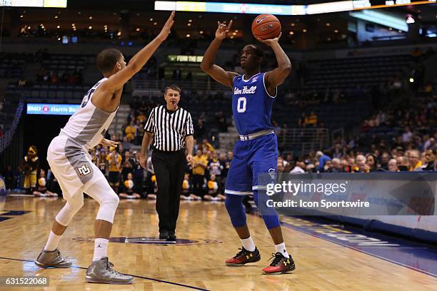 Seton Hall Pirates guard Khadeen Carrington looks to pass during an NCAA basketball game between the Marquette Golden Eagles and the Seton Hall...