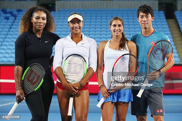 Serena Williams of the USA, Destanee Aiava and Jaimee Fourlis of Australia and Kei Nishikori of Japan pose ahead of the 2017 Australian Open at...