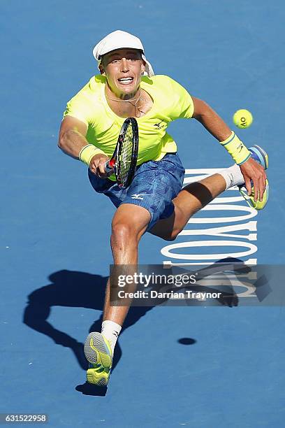 Marc Polmans of Australia plays a forehand shot in his match against Mikhail Youzhny of Russia during day three of the 2017 Priceline Pharmacy...