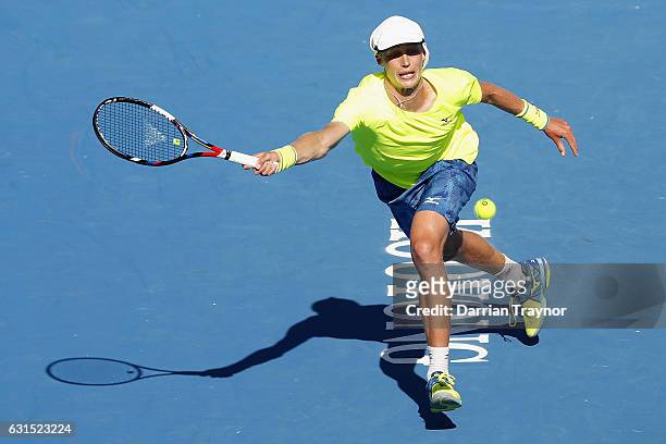 Marc Polmans of Australia plays a forehand shot in his match against Mikhail Youzhny of Russia during day three of the 2017 Priceline Pharmacy...