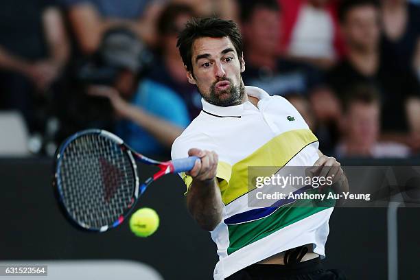 Jeremy Chardy of France plays a forehand in his match against Jack Sock of USA on day 11 of the ASB Classic on January 12, 2017 in Auckland, New...