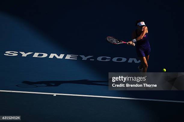 Agnieszka Radwanska of Poland plays a backhand in her semi final match against Barbora Strycova of the Czech Republic during day five of the 2017...