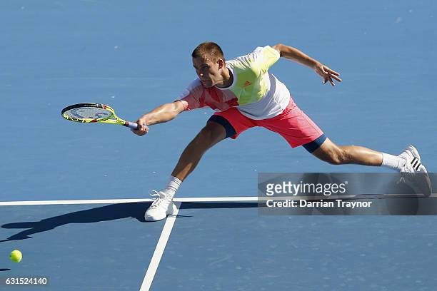 Mikhail Youzhny of Russia plays a forehand shot in his match against Marc Polmans of Australia during day three of the 2017 Priceline Pharmacy...