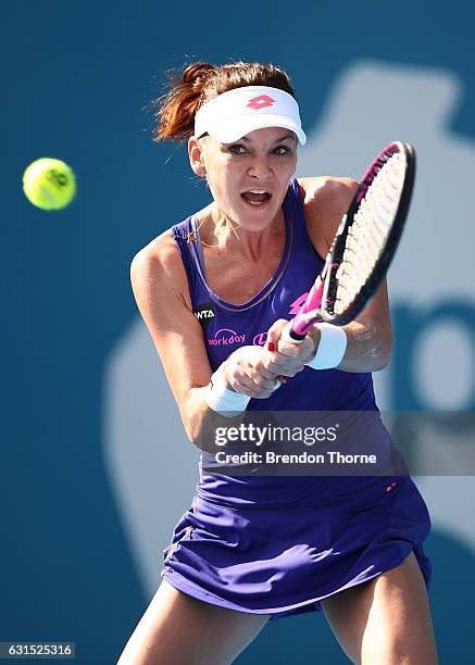 Agnieszka Radwanska of Poland plays a backhand in her semi final match against Barbora Strycova of the Czech Republic during day five of the 2017...