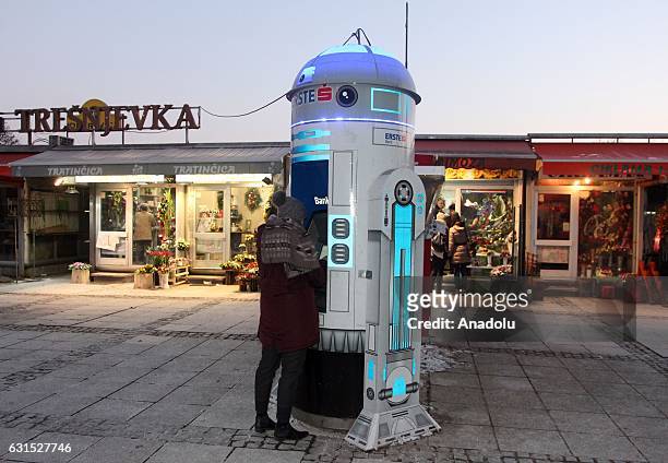 An ATM in the shape of "R2-D2" robot, a character from Star Wars movies, is seen at Tresnjevacki Square in Zagreb, Croatia on January 12, 2017.