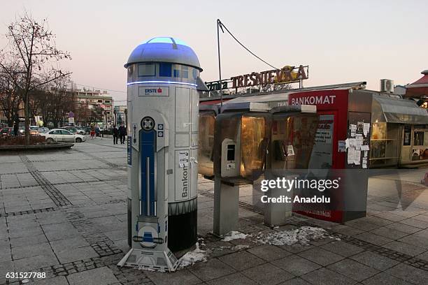 An ATM in the shape of "R2-D2" robot, a character from Star Wars movies, is seen at Tresnjevacki Square in Zagreb, Croatia on January 12, 2017.