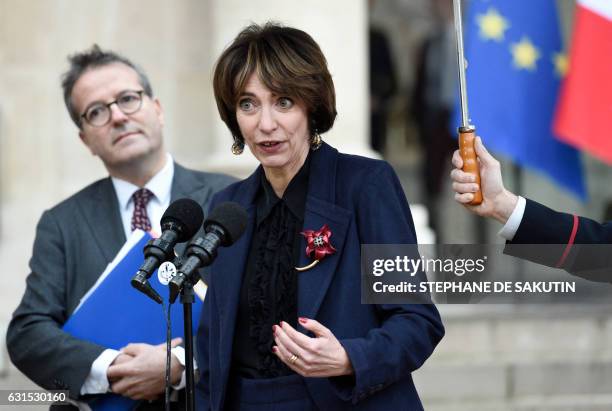 French Minister for Social Affairs and Health Marisol Touraine speaks to journalists as Director of Paris' public assistance hospitals AP-HP Martin...