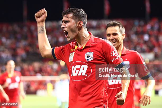 Sergio Guardiola of Adelaide United celebrates after the winning goal was scored by Mark Ochieng of Adelaide United during the round 15 A-League...