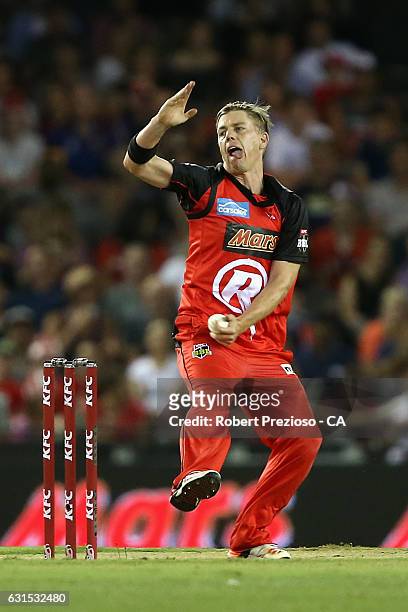 Xavier Doherty of the Renegades bowls during the Big Bash League match between the Melbourne Renegades and the Hobart Hurricanes at Etihad Stadium on...