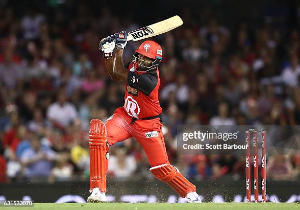 Thisara Perera of the Renegades bats during the Big Bash League match between the Melbourne Renegades and the Hobart Hurricanes at Etihad Stadium on...