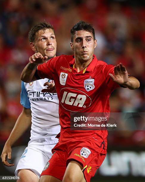 Sergio Guardiola of Adelaide United competes during the round 15 A-League match between Adelaide United and Melbourne City FC at Coopers Stadium on...