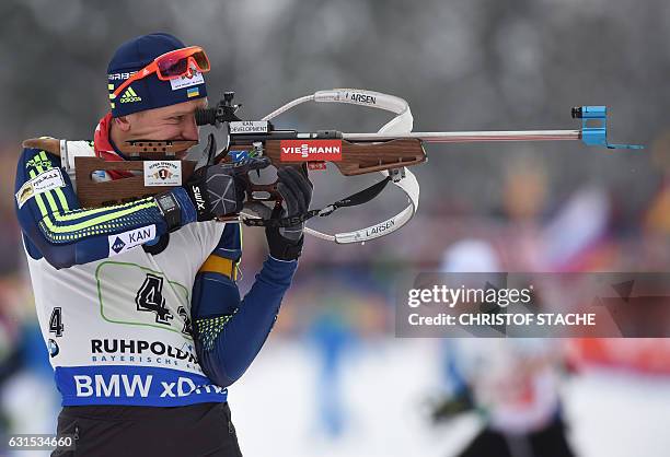 Ukrainian Sergey Semenov shoots during the warm up shooting prior o the men 4 x 7,5 km relay at the Biathlon World Cup on January 11 in Ruhpolding,...