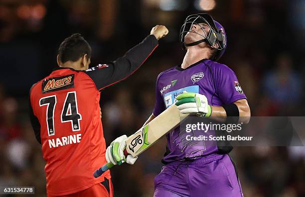 Ben McDermott of the Hurricanes reacts after being dismissed by Sunil Narine of the Renegades during the Big Bash League match between the Melbourne...