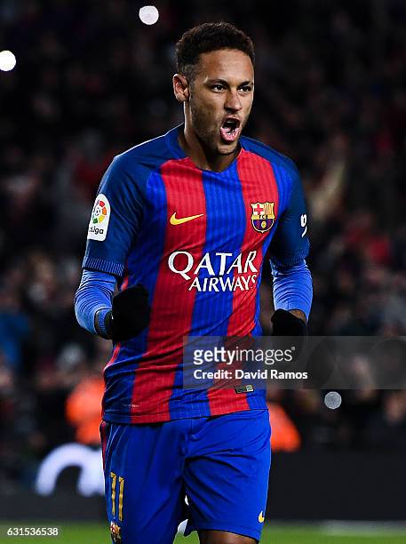 Neymar Jr. Of FC Barcelona celebrates after scoring his team's second goal from the penalty spot during the Copa del Rey round of 16 second leg match...