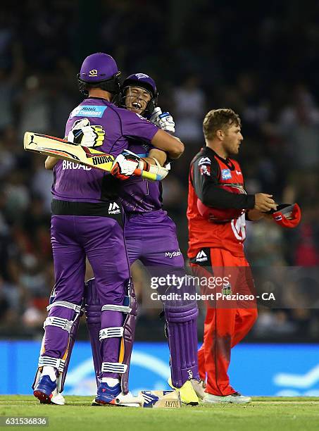 Stuart Broad of the Hurricanes and Sam Rainbird of the Hurricanes celebrate after scoring a win during the Big Bash League match between the...