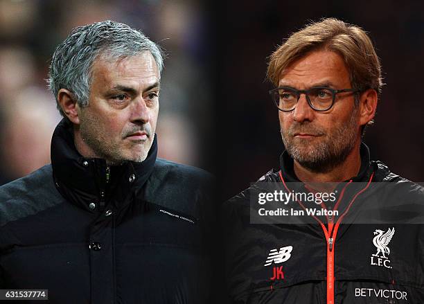 In this composite image a comparison has been made between Jose Mourinho, Manager of Manchester United and Jurgen Klopp, Manager of Liverpool....