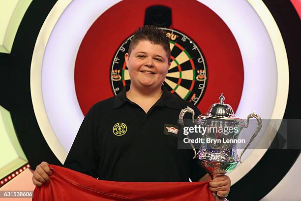 Justin van Tergouw of The Netherlands celebrates winning the youth final of the BDO Lakeside World Professional Darts Championships on January 12,...