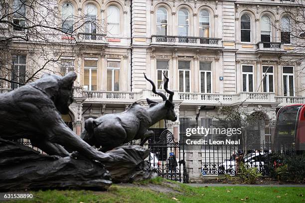 Statue titled "Lioness and Lesser Kudu" by Jonathan Kenworthy is seen outside the headquarters of Orbis Business Intelligence, the company run by...