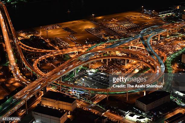In this aerial image, Shuto Expressway Daikoku Junction is seen on January 11, 2017 in Yokohama, Kanagawa, Japan.