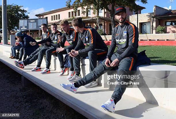 Peter Pekarik, Vladimir Darida,Fabian Lustenberger, Sebastian Langkamp and Marvin Plattenhardt of Hertha BSC before the test match between UD...