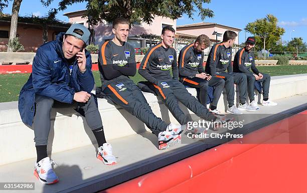 Valentin Stocker, Peter Pekarik, Vladimir Darida,Fabian Lustenberger, Sebastian Langkamp, Marvin Plattenhardt and Alexander Esswein of Hertha BSC...