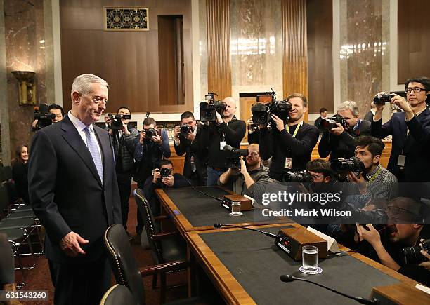 Defense Secretary nominee retired Marine Corps Gen. James Mattis arrives at his Senate Armed Services Committee confirmation hearing on Capitol Hill,...