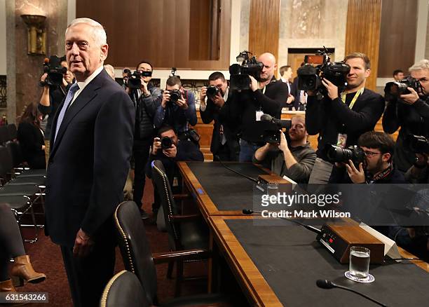Defense Secretary nominee retired Marine Corps Gen. James Mattis arrives at his Senate Armed Services Committee confirmation hearing on Capitol Hill,...