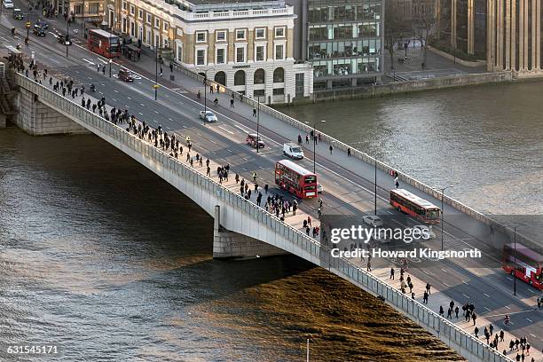 london bridge aerial with commuters - london bridge stock pictures, royalty-free photos & images