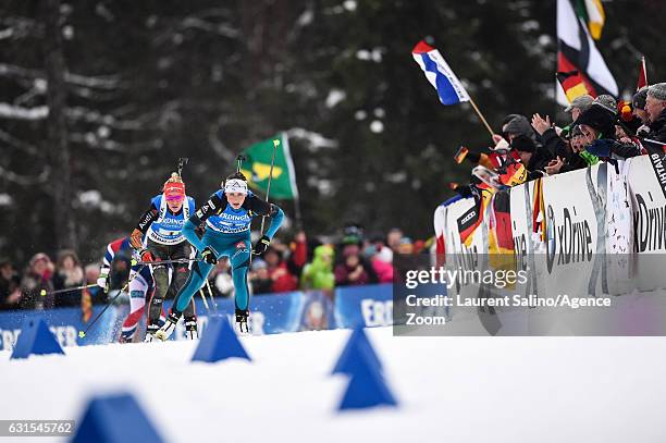 Justine Braisaz of France takes 2nd place, Maren Hammerschmidt of Germany takes 1st place during the IBU Biathlon World Cup Women's Relay on January...