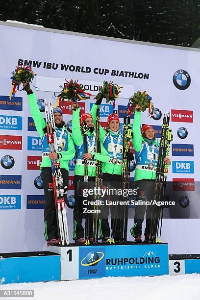 Vanessa Hinz, Maren Hammerschmidt, Franziska Preuss, Laura Dahlmeier of Germany take 1st place during the IBU Biathlon World Cup Women's Relay on...