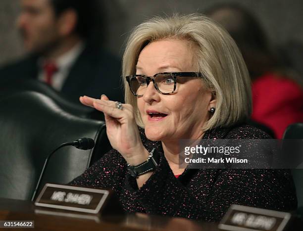 Sen. Claire McCaskill , questions Defense Secretary nominee, retired Marine Corps Gen. James Mattis speaks during his Senate Armed Services Committee...