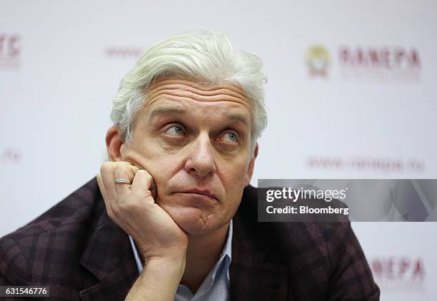 Oleg Tinkoff, founder of TCS Group Holding Plc, looks on during a panel session at the Gaidar Forum in Moscow, Russia, on Thursday, Jan. 12, 2017....