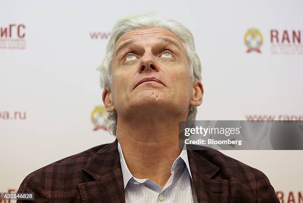 Oleg Tinkoff, founder of TCS Group Holding Plc, looks up during a panel session at the Gaidar Forum in Moscow, Russia, on Thursday, Jan. 12, 2017....