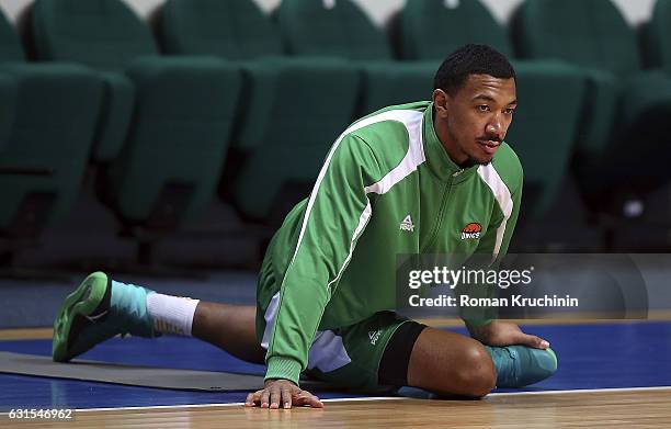 Orlando Johnson, #1 of Unics Kazan warms-up prior to the 2016/2017 Turkish Airlines EuroLeague Regular Season Round 17 game between Unics Kazan v...