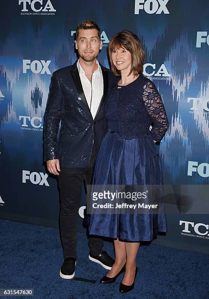 Personality/singer Lance Bass and mother Diane Bass attend the 2017 Winter TCA Tour - FOX All-Star Party at the Langham Huntington Hotel on January...