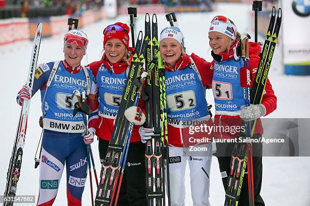 Kaia Woeien Nicolaisen, Hilde Fenne, Tiril Eckhoff, Marte Olsbu of Norway take 3rd place during the IBU Biathlon World Cup Women's Relay on January...