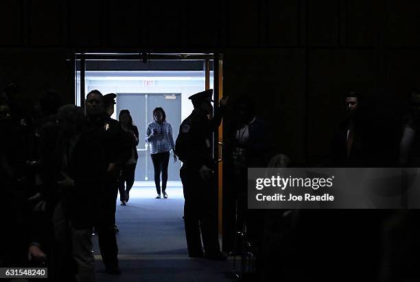 Hallway is seen lite up after the lights went out during Mr. Pompeo's confirmation hearing to be the director of the CIA before the Senate...