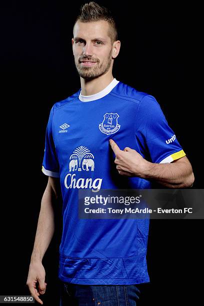 New Everton signing Morgan Schneiderlin poses for a photo at USM Finch Farm on January 11, 2017 in Halewood, England.