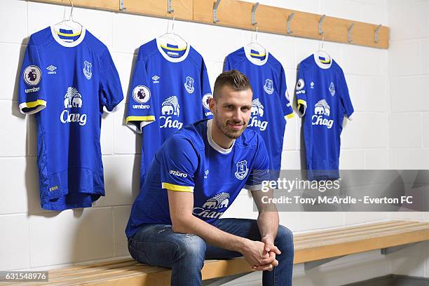 New Everton signing Morgan Schneiderlin poses for a photo at USM Finch Farm on January 11, 2017 in Halewood, England.
