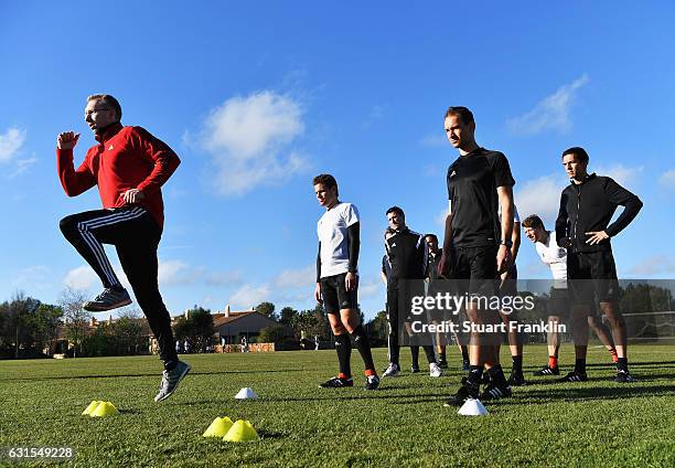 Referees are give training on fitness and coordination during the DFB Referee training course at the Hilton hotel on January 12, 2017 in Palma de...