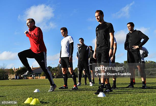 Referees are give training on fitness and coordination during the DFB Referee training course at the Hilton hotel on January 12, 2017 in Palma de...