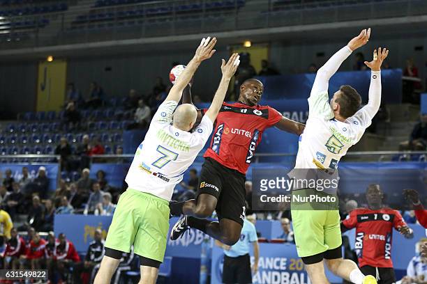 Teca Gabriel 11, Kavticnik Vid 7and Henigman Nik 5 during Slovenia v Angola, Handball Match grup B of 25th Men´s World Championship in Metz, France,...