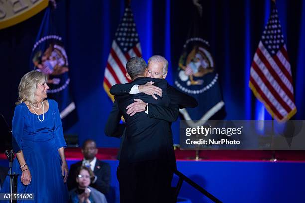 On Tuesday, January 10, , Dr. Jill Biden smiles, as U.S. President Barack Obama and VP Joe Biden hug, after Obama delivered his farewell address to...