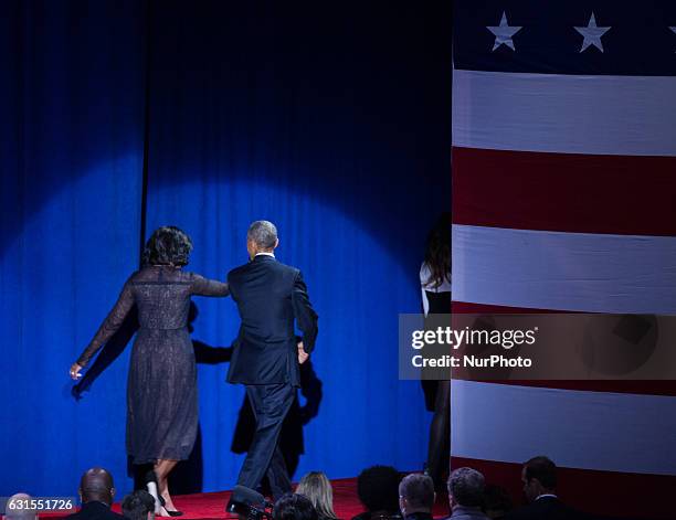 On Tuesday, January 10, , First Lady Michelle Obama, U.S. President Barack Obama, and Malia Obama, walk off stage, after Obama's farewell address to...