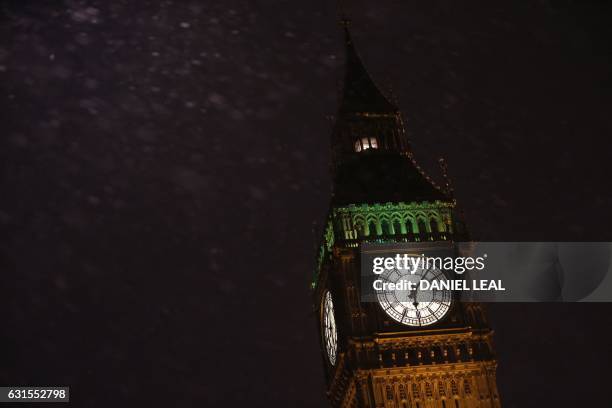 Rains falls from the sky in front of the Big Ben clock face and the Elizabeth Tower in central London on January 12, 2017.